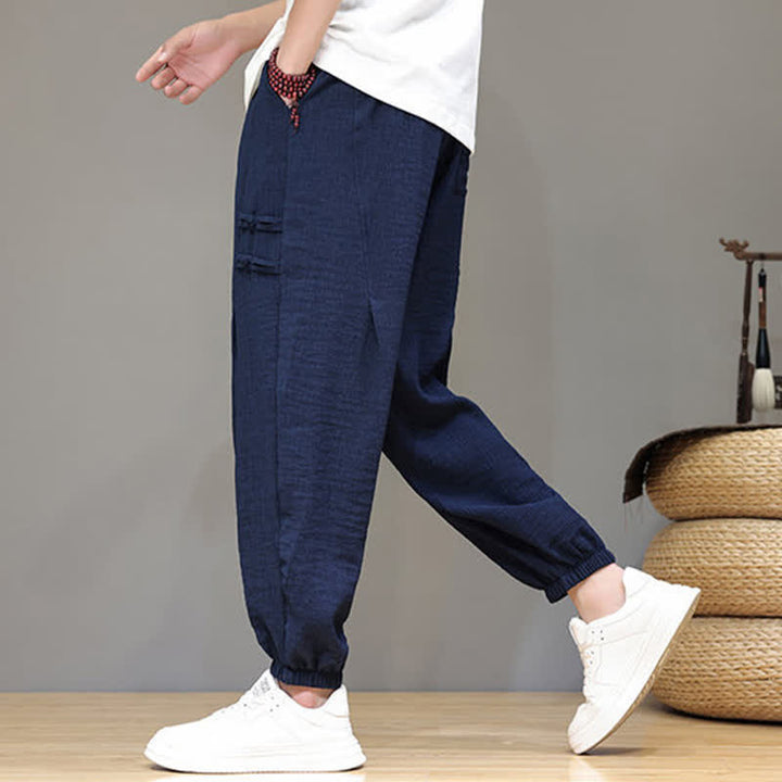 Buddha Stones Pantalon court uni style Tang, décontracté d'été, pantalon harem pour homme avec poches - image 6