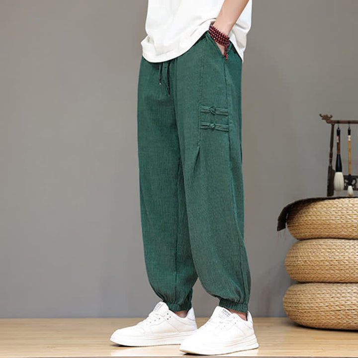 Buddha Stones Pantalon court uni style Tang, décontracté d'été, pantalon harem pour homme avec poches - image 32