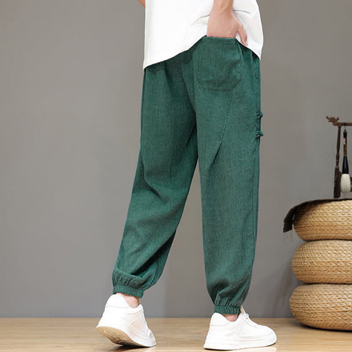 Buddha Stones Pantalon court uni style Tang, décontracté d'été, pantalon harem pour homme avec poches - image 34