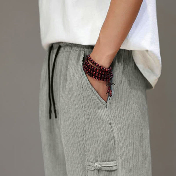 Buddha Stones Pantalon court uni style Tang, décontracté d'été, pantalon harem pour homme avec poches - image 27
