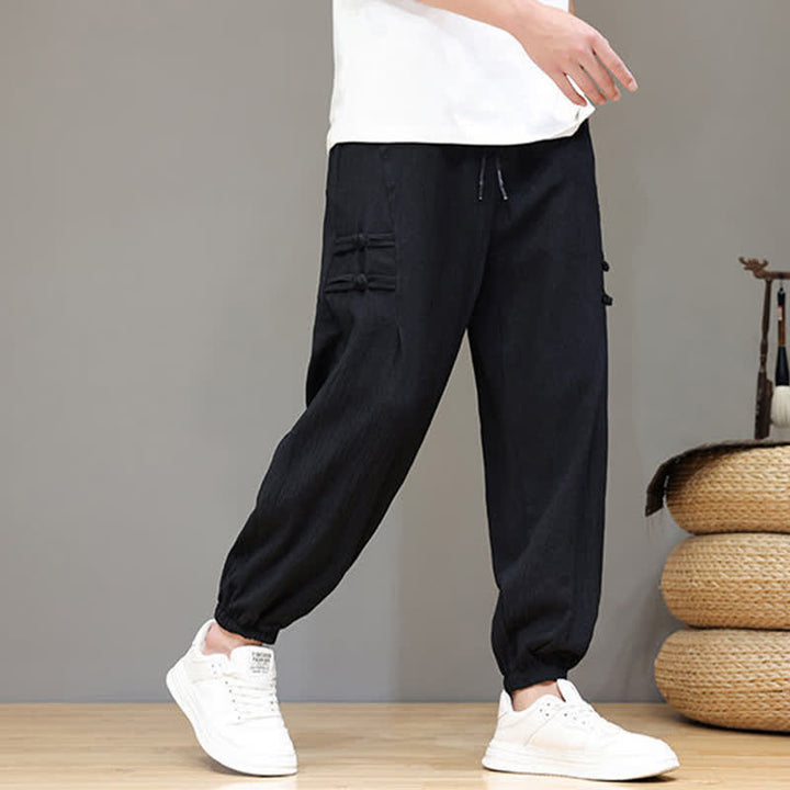 Buddha Stones Pantalon court uni style Tang, décontracté d'été, pantalon harem pour homme avec poches - image 12