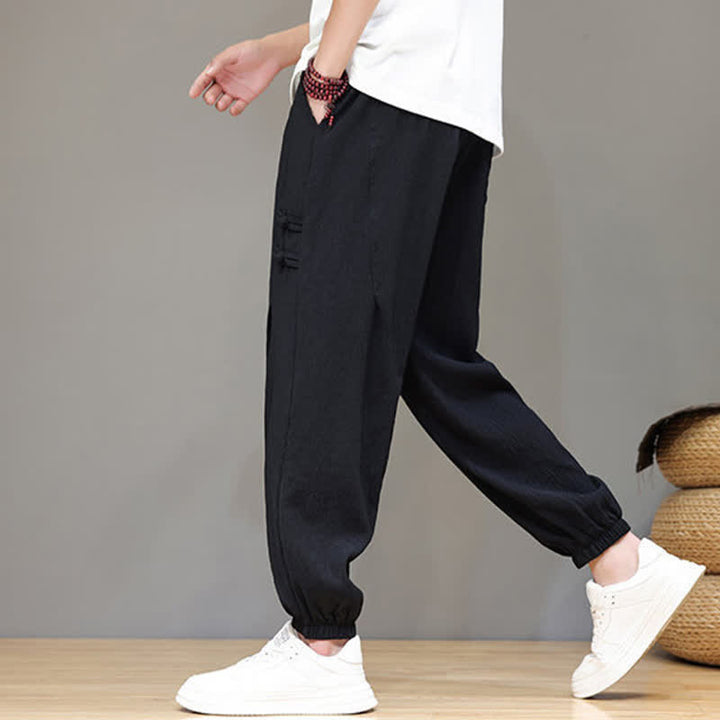 Buddha Stones Pantalon court uni style Tang, décontracté d'été, pantalon harem pour homme avec poches - image 15