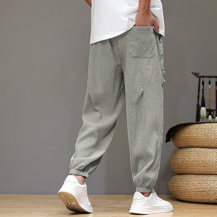 Buddha Stones Pantalon court uni style Tang, décontracté d'été, pantalon harem pour homme avec poches - image 20