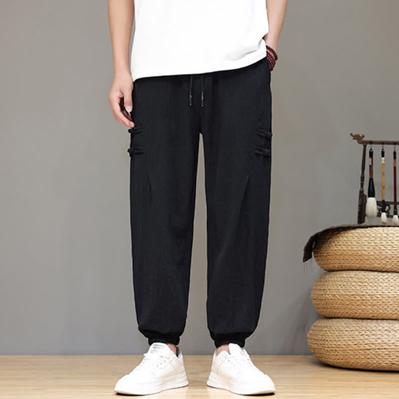 Buddha Stones Pantalon court uni style Tang, décontracté d'été, pantalon harem pour homme avec poches - Noir - US/UK/AU46, EU56 (5XL) - image 9