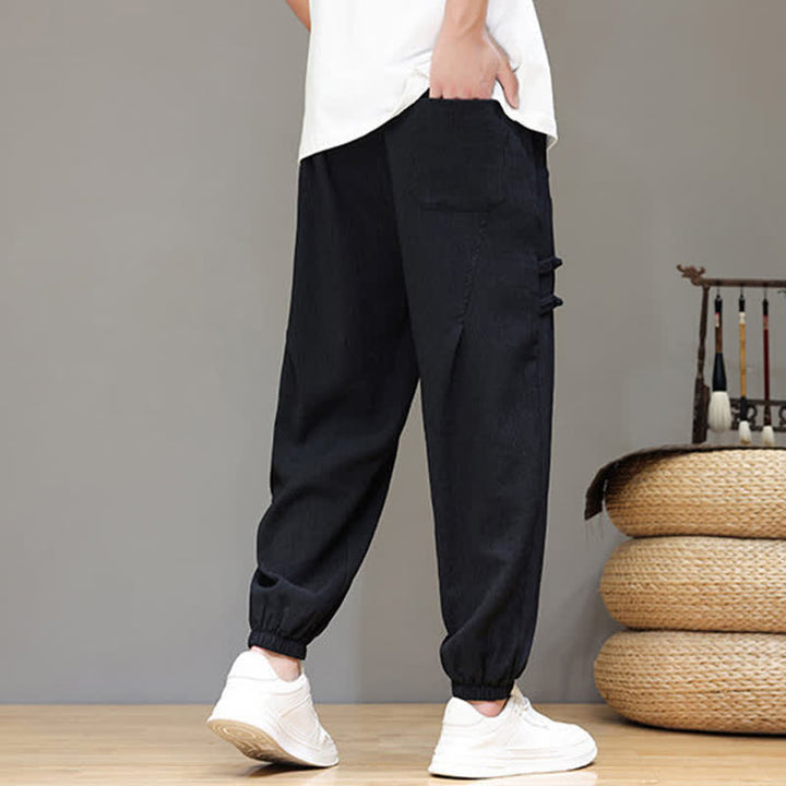 Buddha Stones Pantalon court uni style Tang, décontracté d'été, pantalon harem pour homme avec poches - image 11