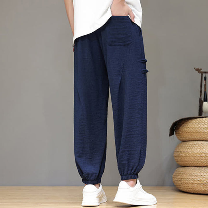 Buddha Stones Pantalon court uni style Tang, décontracté d'été, pantalon harem pour homme avec poches - image 4