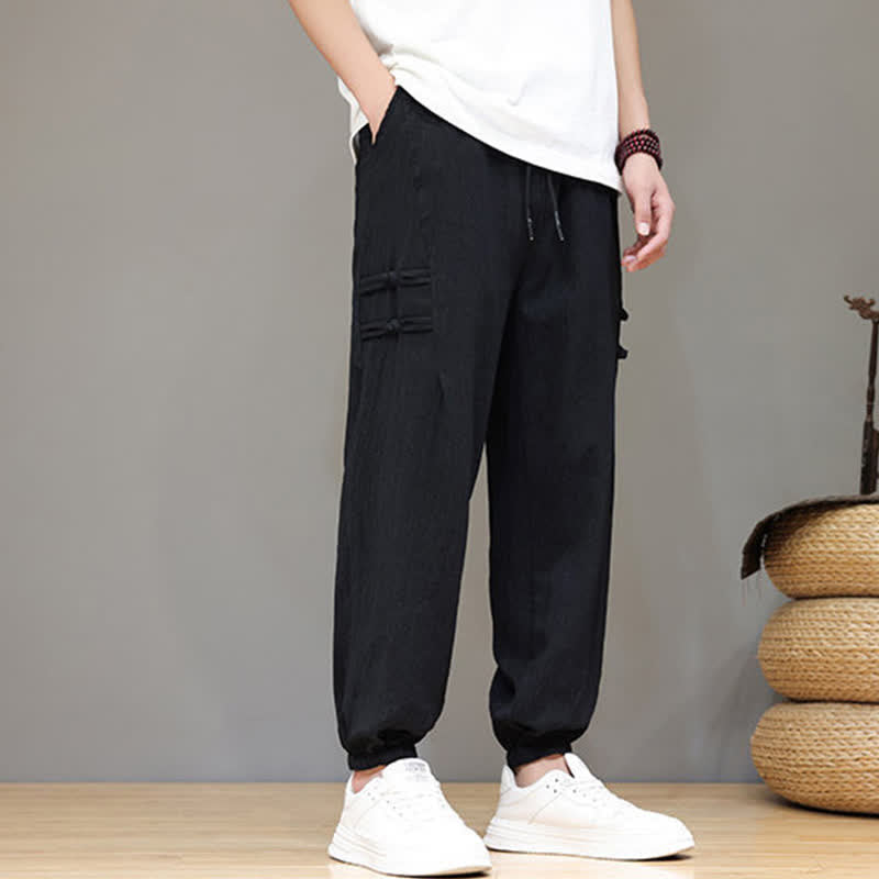 Buddha Stones Pantalon court uni style Tang, décontracté d'été, pantalon harem pour homme avec poches - image 10