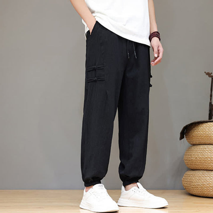 Buddha Stones Pantalon court uni style Tang, décontracté d'été, pantalon harem pour homme avec poches - image 10