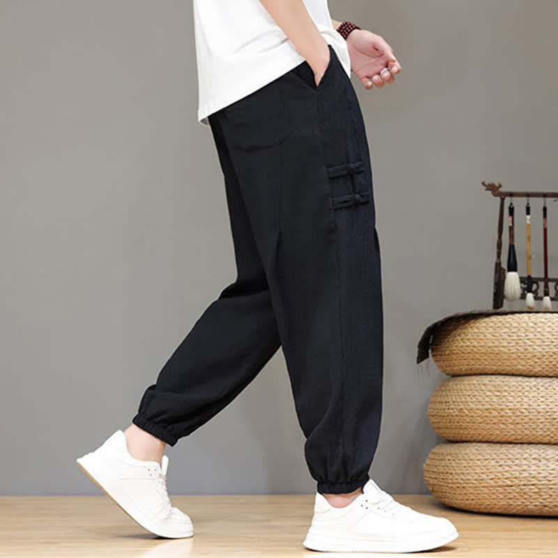 Buddha Stones Pantalon court uni style Tang, décontracté d'été, pantalon harem pour homme avec poches - image 13