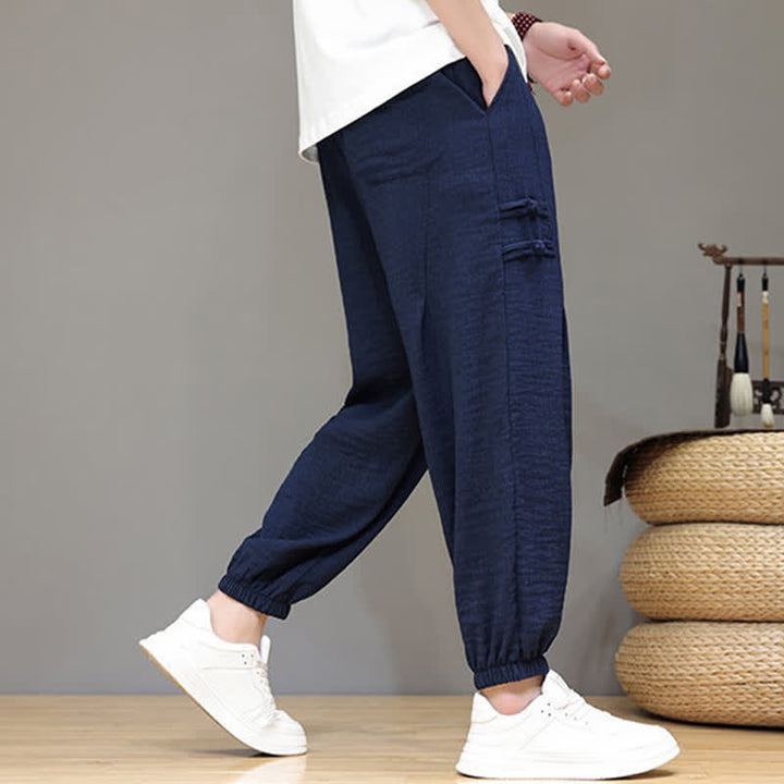 Buddha Stones Pantalon court uni style Tang, décontracté d'été, pantalon harem pour homme avec poches - image 3