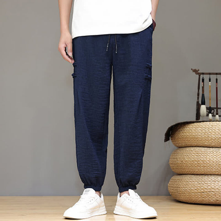 Buddha Stones Pantalon court uni style Tang, décontracté d'été, pantalon harem pour homme avec poches - image 2