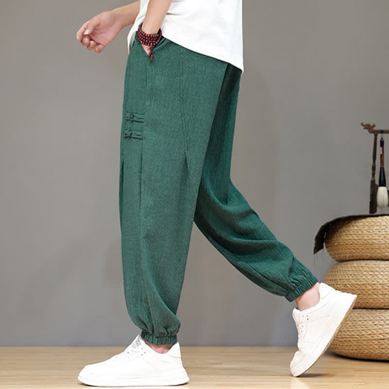 Buddha Stones Pantalon court uni style Tang, décontracté d'été, pantalon harem pour homme avec poches - image 35