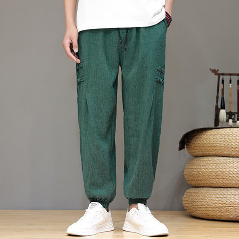 Buddha Stones Pantalon court uni style Tang, décontracté d'été, pantalon harem pour homme avec poches - image 36