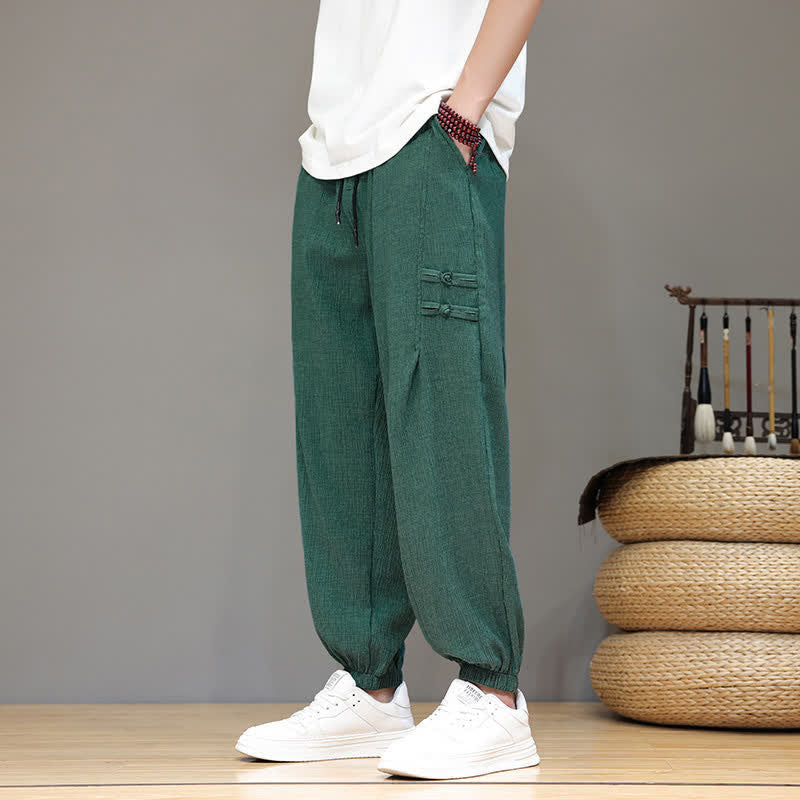 Buddha Stones Pantalon court uni style Tang, décontracté d'été, pantalon harem pour homme avec poches - image 37