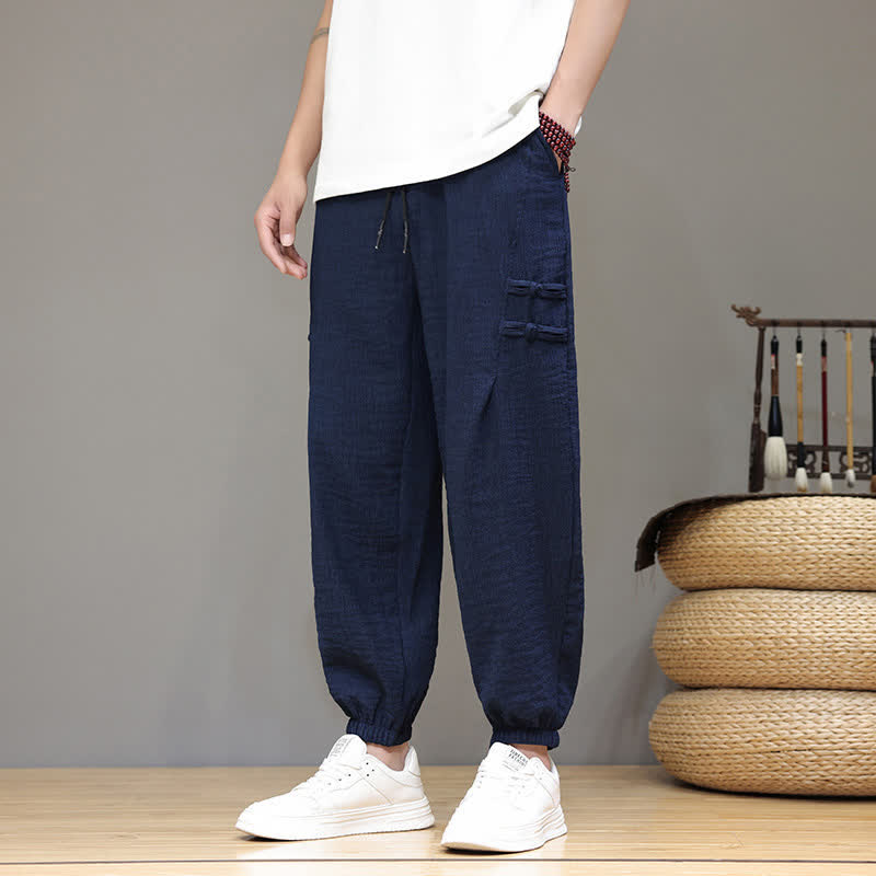 Buddha Stones Pantalon court uni style Tang, décontracté d'été, pantalon harem pour homme avec poches - image 8