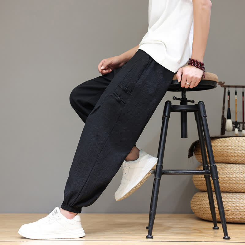 Buddha Stones Pantalon court uni style Tang, décontracté d'été, pantalon harem pour homme avec poches - image 16
