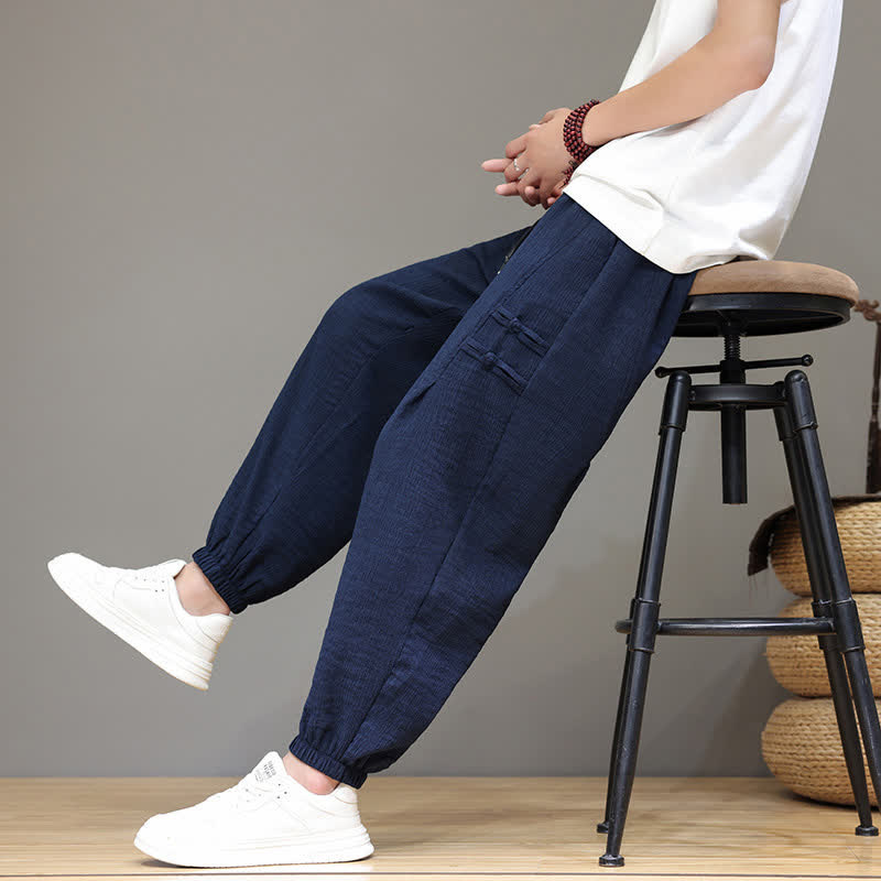Buddha Stones Pantalon court uni style Tang, décontracté d'été, pantalon harem pour homme avec poches - Bleu nuit - US/UK/AU46, EU56 (5XL) - image 0