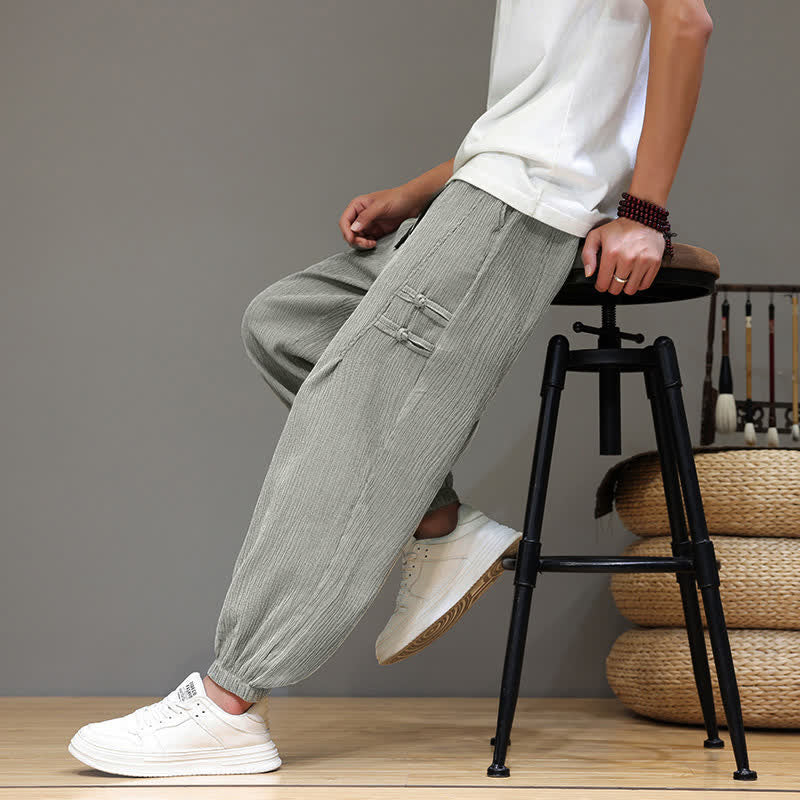 Buddha Stones Pantalon court uni style Tang, décontracté d'été, pantalon harem pour homme avec poches - image 25