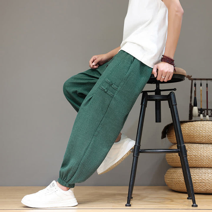 Buddha Stones Pantalon court uni style Tang, décontracté d'été, pantalon harem pour homme avec poches - image 38