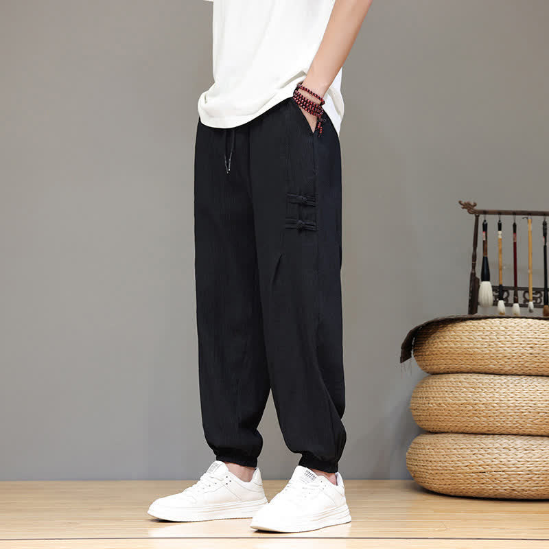 Buddha Stones Pantalon court uni style Tang, décontracté d'été, pantalon harem pour homme avec poches - image 14