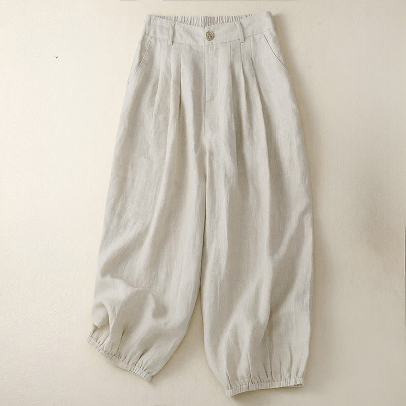 Buddha Stones Pantalon Capri uni à boutons, style minimaliste et décontracté d'été, avec poches. - Lin - US8-10，UK/AU12-14，EU40-42 (2XL) - image 0