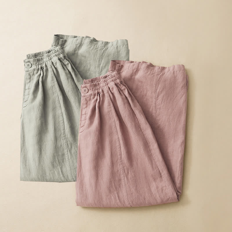 Buddha Stones Pantalon d'été minimaliste décontracté à boutons, coupe 7/8, jambes larges, avec poches - image 18