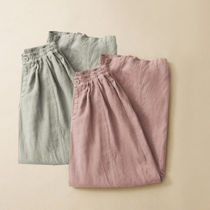Buddha Stones Pantalon d'été minimaliste décontracté à boutons, coupe 7/8, jambes larges, avec poches - image 18