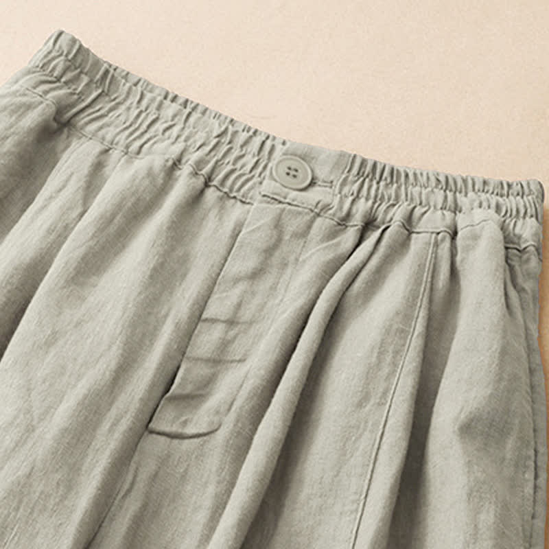 Buddha Stones Pantalon d'été minimaliste décontracté à boutons, coupe 7/8, jambes larges, avec poches - image 12