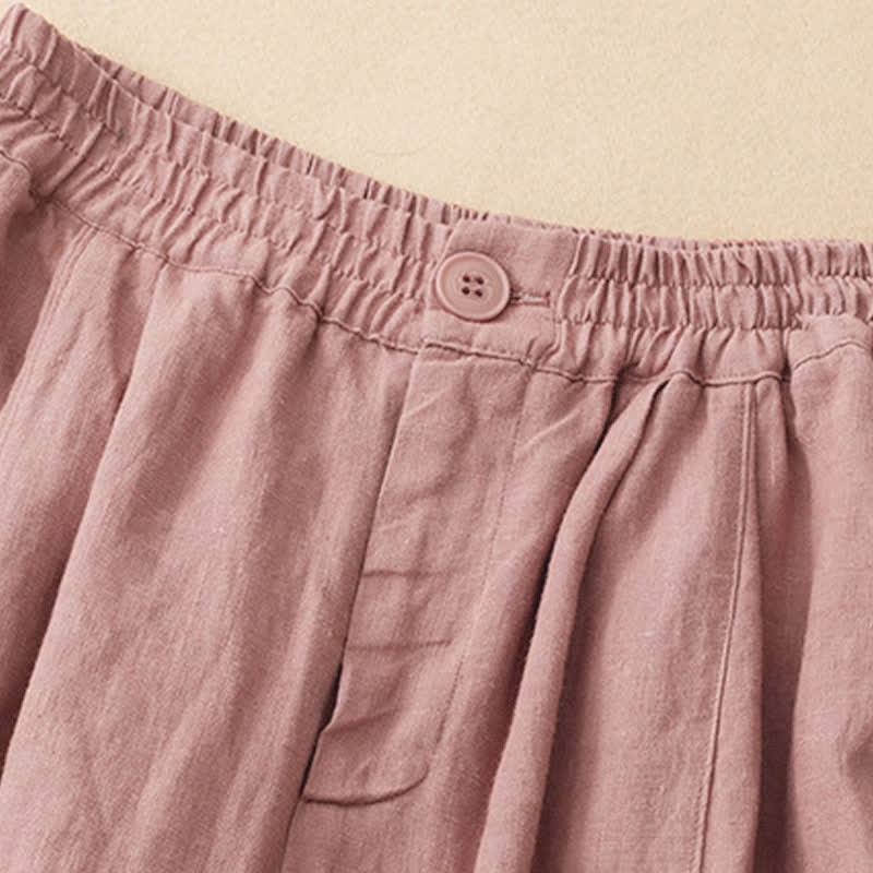 Buddha Stones Pantalon d'été minimaliste décontracté à boutons, coupe 7/8, jambes larges, avec poches - image 3