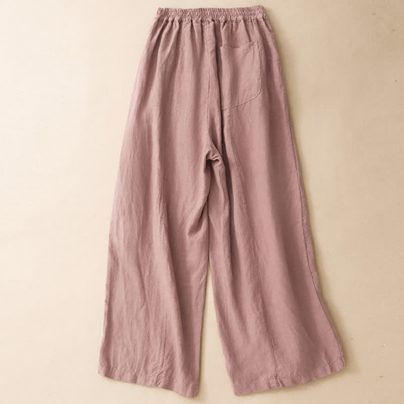 Buddha Stones Pantalon d'été minimaliste décontracté à boutons, coupe 7/8, jambes larges, avec poches - image 1