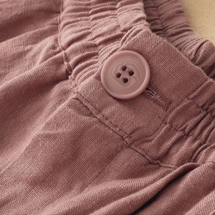 Buddha Stones Pantalon d'été minimaliste décontracté à boutons, coupe 7/8, jambes larges, avec poches - image 2