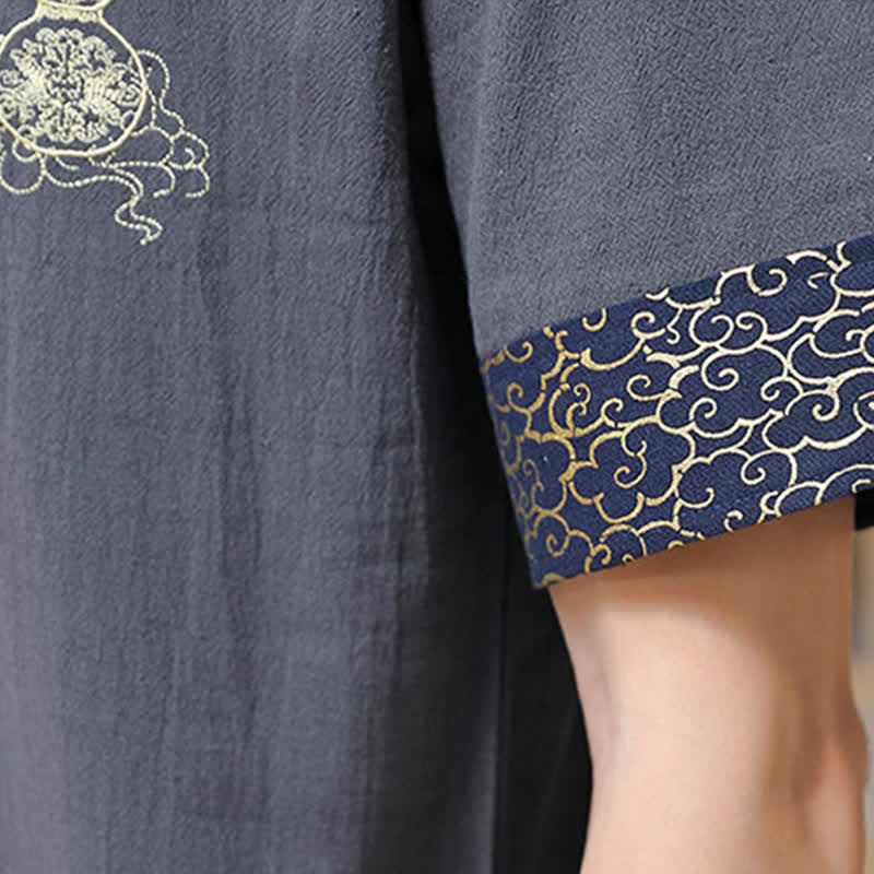Buddha Stones Chemises à manches courtes pour hommes, style Tang, avec broderie grenouille et motif gourde, couleur unie - image 20