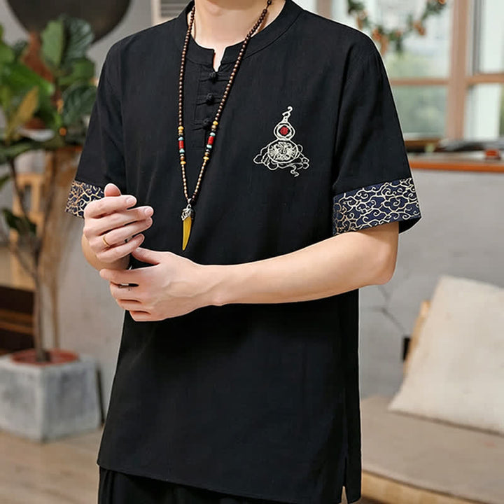 Buddha Stones Chemises à manches courtes pour hommes, style Tang, avec broderie grenouille et motif gourde, couleur unie - image 6