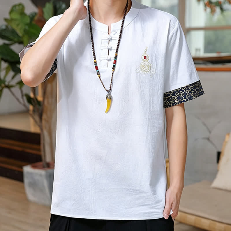 Buddha Stones Chemises à manches courtes pour hommes, style Tang, avec broderie grenouille et motif gourde, couleur unie - image 24