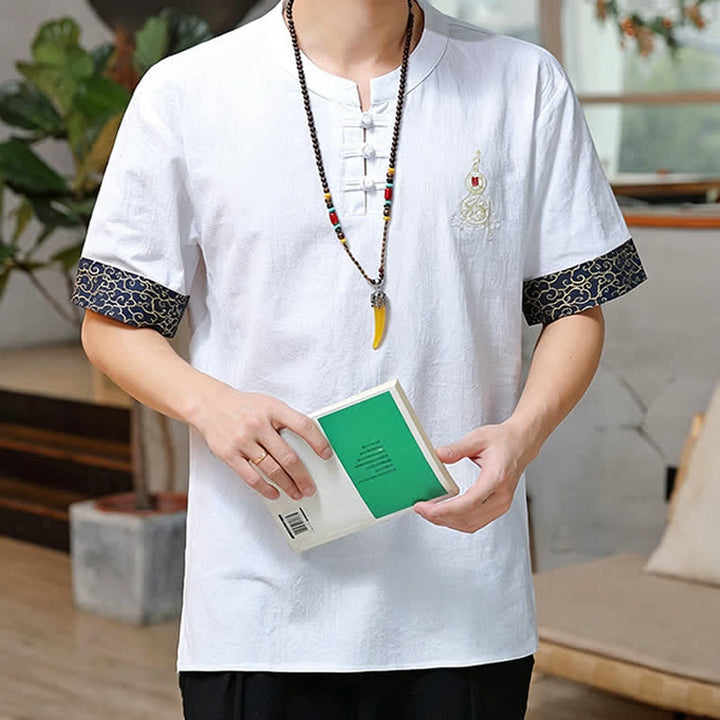 Buddha Stones Chemises à manches courtes pour hommes, style Tang, avec broderie grenouille et motif gourde, couleur unie - image 25