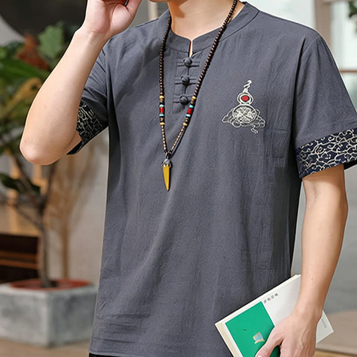 Buddha Stones Chemises à manches courtes pour hommes, style Tang, avec broderie grenouille et motif gourde, couleur unie - image 16