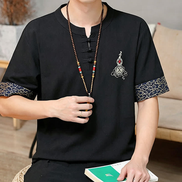 Buddha Stones Chemises à manches courtes pour hommes, style Tang, avec broderie grenouille et motif gourde, couleur unie - image 8