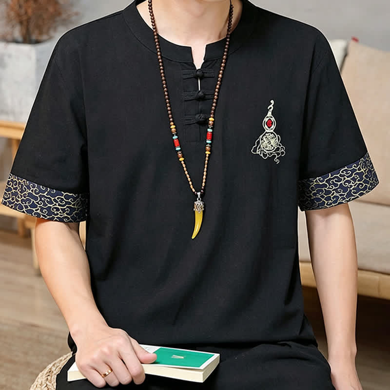 Buddha Stones Chemises à manches courtes pour hommes, style Tang, avec broderie grenouille et motif gourde, couleur unie - image 7