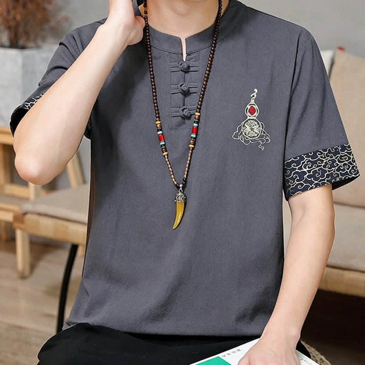 Buddha Stones Chemises à manches courtes pour hommes, style Tang, avec broderie grenouille et motif gourde, couleur unie - image 15
