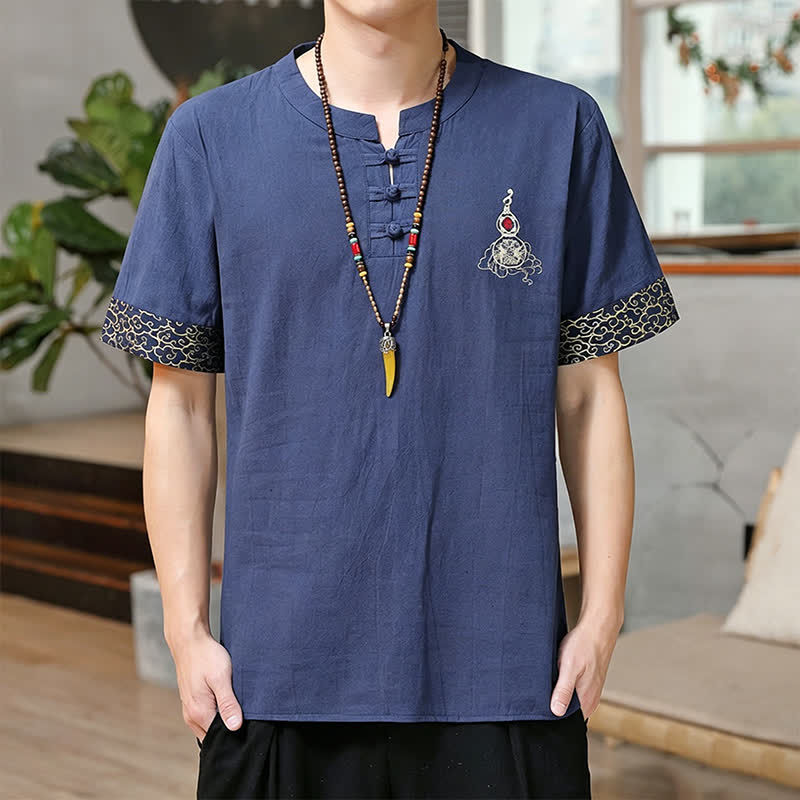 Buddha Stones Chemises à manches courtes pour hommes, style Tang, avec broderie grenouille et motif gourde, couleur unie - SteelBlue - US/UK/AU46, EU56 (5XL) - image 0