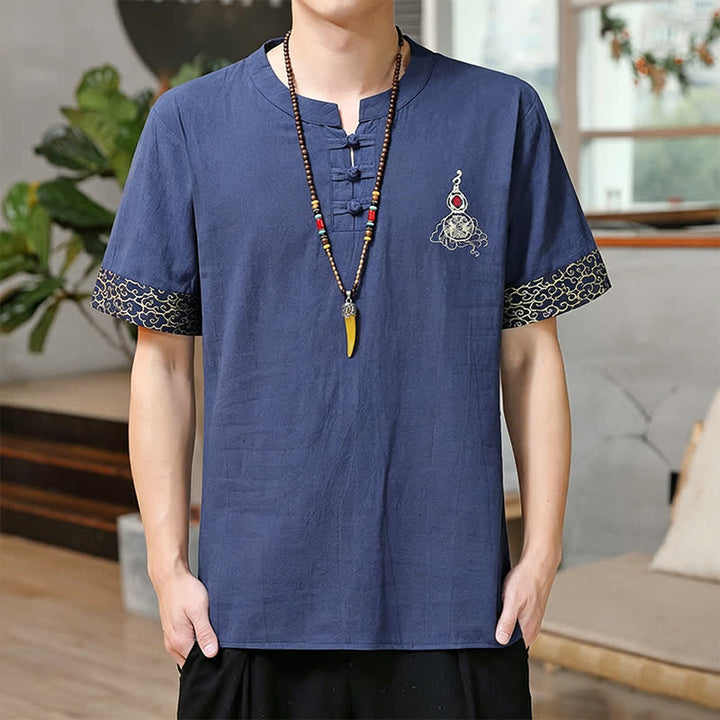 Buddha Stones Chemises à manches courtes pour hommes, style Tang, avec broderie grenouille et motif gourde, couleur unie - SteelBlue - US/UK/AU46, EU56 (5XL) - image 0