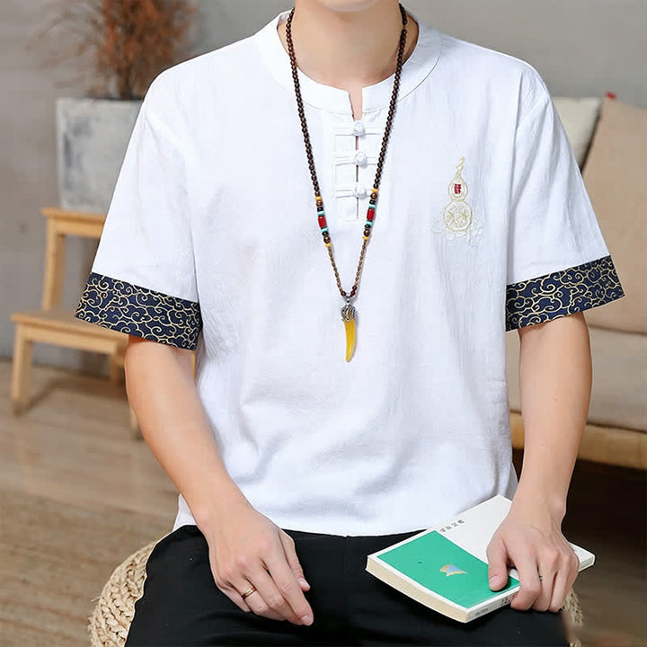Buddha Stones Chemises à manches courtes pour hommes, style Tang, avec broderie grenouille et motif gourde, couleur unie - image 26