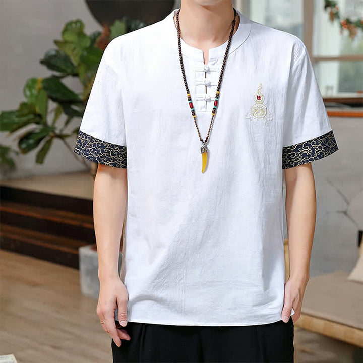 Buddha Stones Chemises à manches courtes pour hommes, style Tang, avec broderie grenouille et motif gourde, couleur unie - Blanc - US/UK/AU46, EU56 (5XL) - image 23