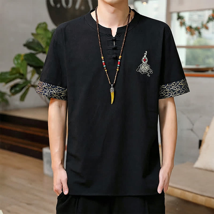 Buddha Stones Chemises à manches courtes pour hommes, style Tang, avec broderie grenouille et motif gourde, couleur unie - Noir - US/UK/AU46, EU56 (5XL) - image 5