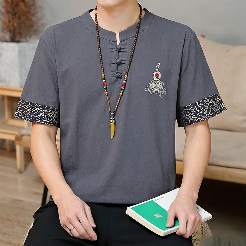 Buddha Stones Chemises à manches courtes pour hommes, style Tang, avec broderie grenouille et motif gourde, couleur unie - image 13