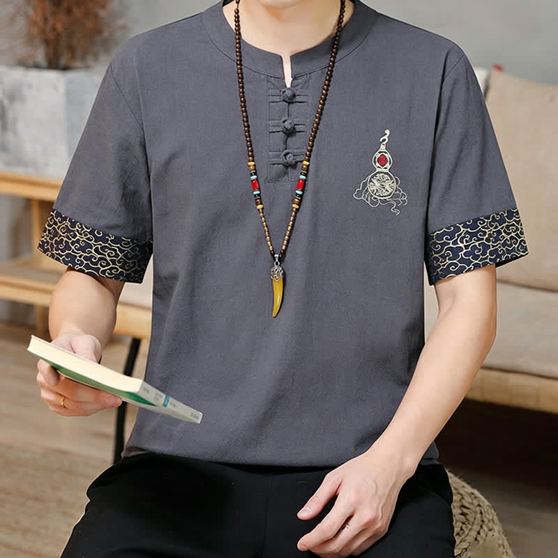 Buddha Stones Chemises à manches courtes pour hommes, style Tang, avec broderie grenouille et motif gourde, couleur unie - image 14