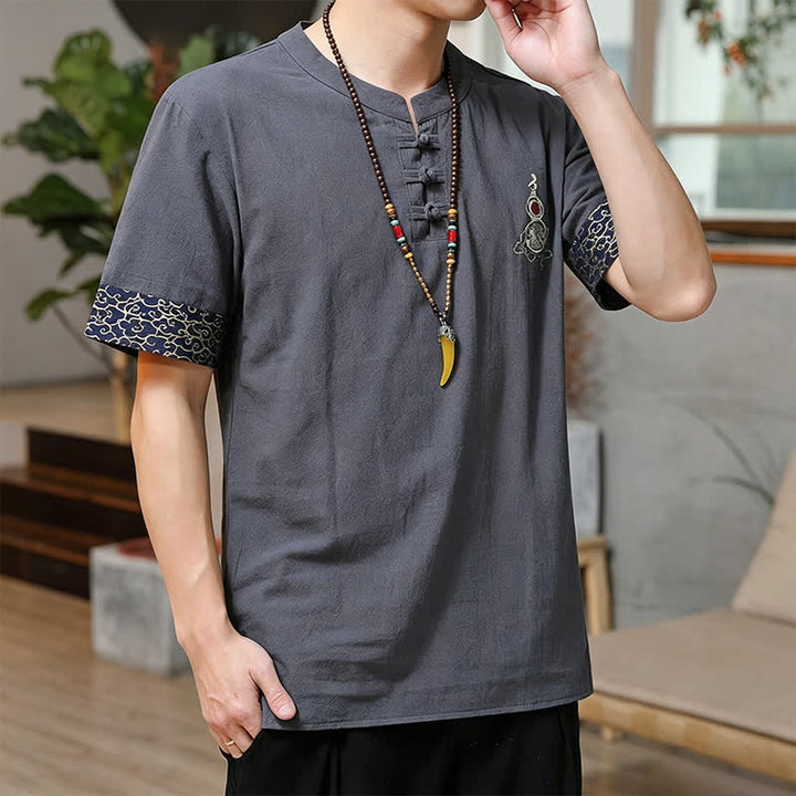 Buddha Stones Chemises à manches courtes pour hommes, style Tang, avec broderie grenouille et motif gourde, couleur unie - image 11