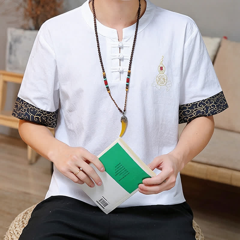 Buddha Stones Chemises à manches courtes pour hommes, style Tang, avec broderie grenouille et motif gourde, couleur unie - image 27