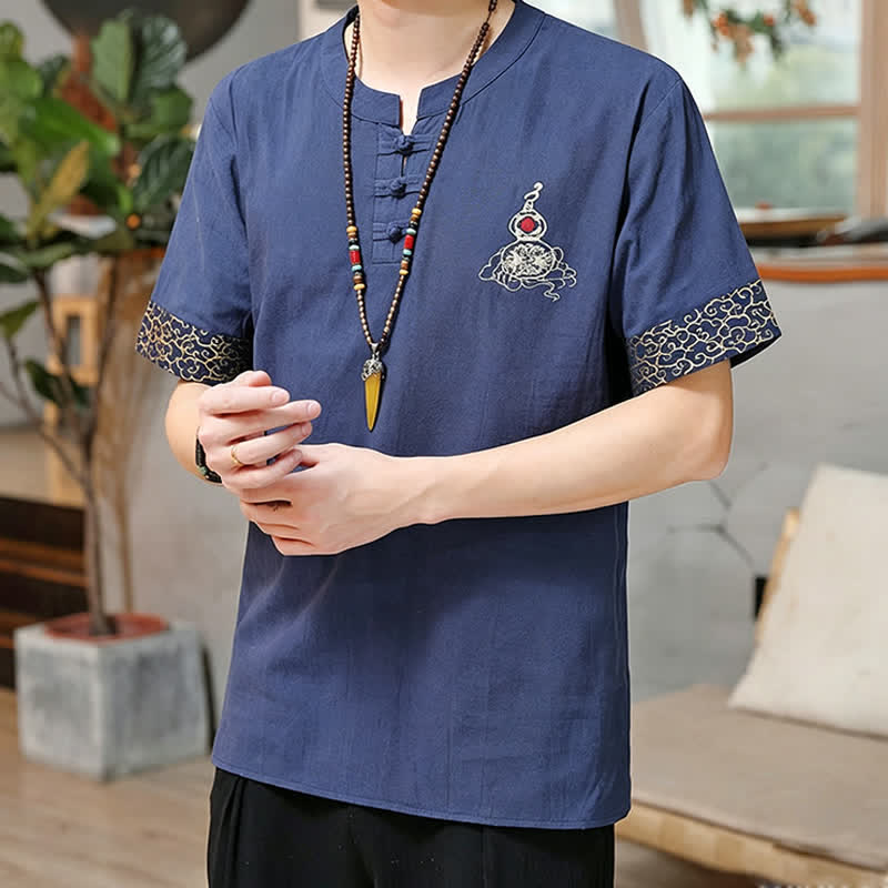 Buddha Stones Chemises à manches courtes pour hommes, style Tang, avec broderie grenouille et motif gourde, couleur unie - image 1