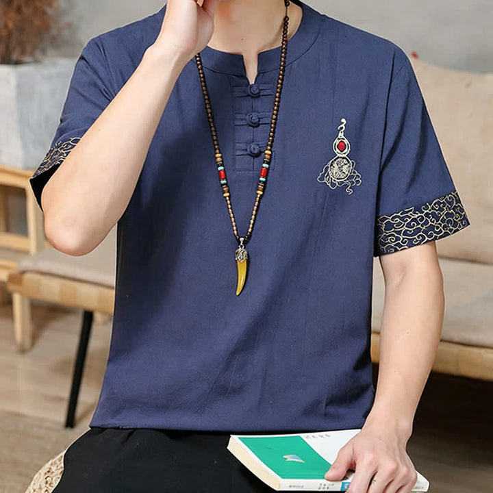 Buddha Stones Chemises à manches courtes pour hommes, style Tang, avec broderie grenouille et motif gourde, couleur unie - image 3
